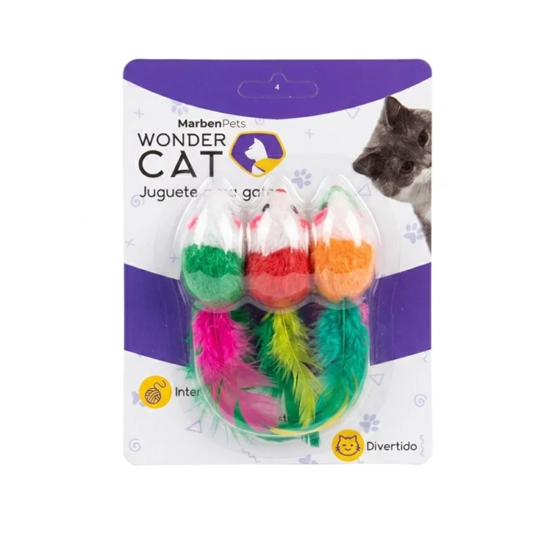 WONDER CAT - SET 3 RATONES CON PLUMAS MULTICOLOR PARA GATOS (62626-118)