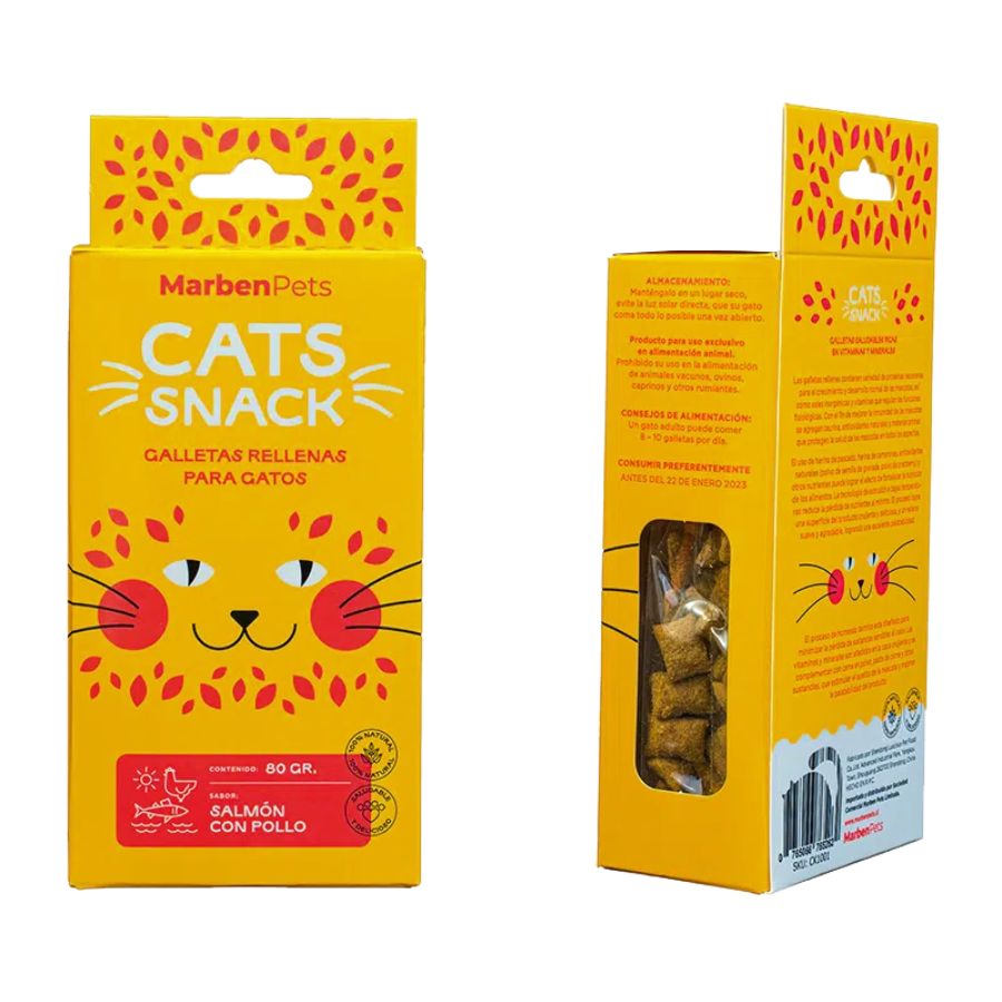 MARBEN PETS - CATS SNACK GALLETAS RELLENAS SALMON CON POLLO 80 GR (CK1001)