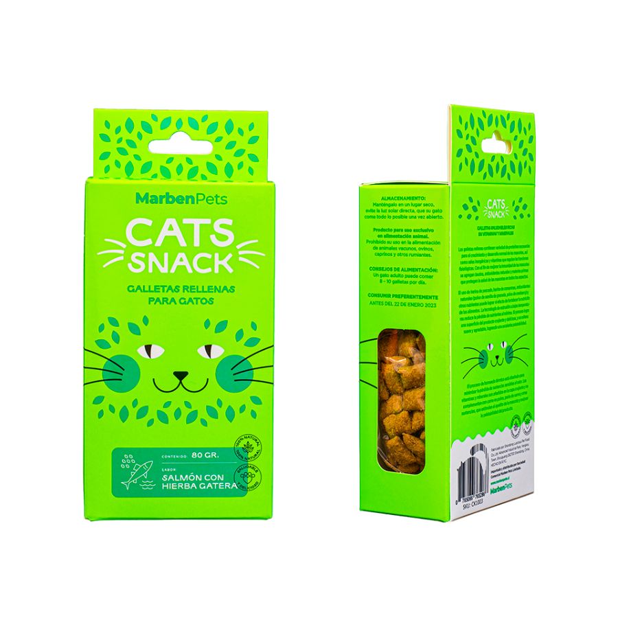 MARBEN PETS - CATS SNACK GALLETAS RELLENAS SALMÓN CON HIERBA GATERA 80 GR (CK1003)