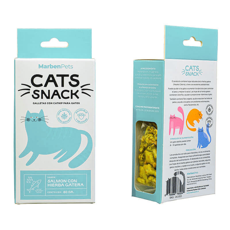 MARBEN PETS - CATS SNACK GALLETAS RELLENAS SALMÓN CON HIERBA GATERA 80 GR (CK1003) - Imagen 2