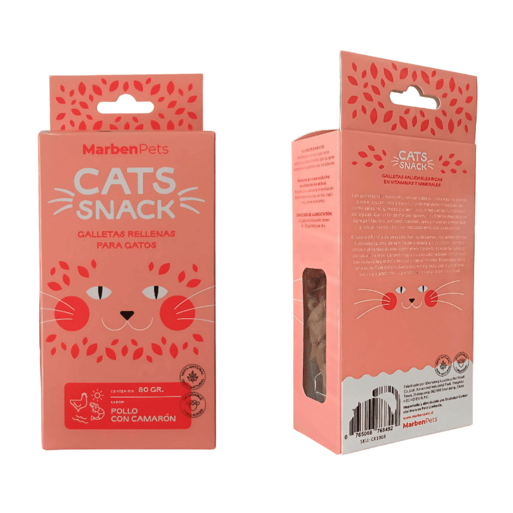 MARBEN PETS - CATS SNACK GALLETAS RELLENAS POLLO CON CAMARON 80 GR (CK1008)