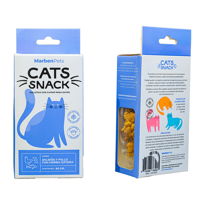 MARBEN PETS - CATS SNACK GALLETAS SALMON Y POLLO CON HIERBA GATERA 80 GR (CK1024)